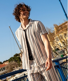 GEMO Chemise manches courtes col cubain en textile de coton tissé rayé homme Blanc