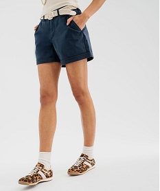 GEMO Short ample en coton stretch avec ceinture tressée femme Bleu