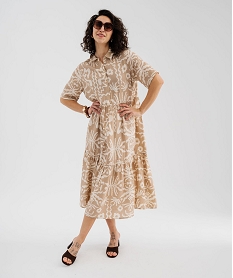GEMO Robe longue et fluide à manches courtes imprimée femme Beige