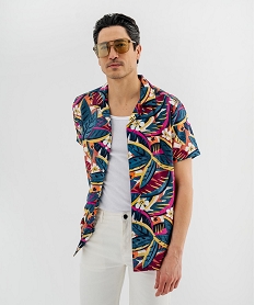 GEMO Chemise manches courtes et col cubain en viscose majoritaire homme Bleu