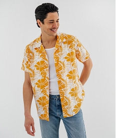 GEMO Chemise manches courtes et col cubain en viscose majoritaire homme Jaune