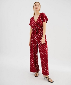 GEMO Combinaison pantalon haut cache-cœur en maille fluide femme Rouge