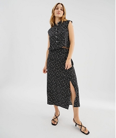 GEMO Jupe à taille élastiquée en viscose fluide imprimée femme Noir