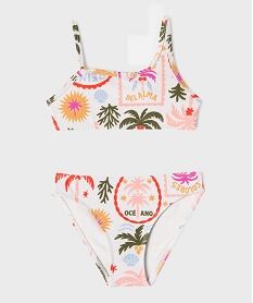 GEMO Maillot de bain 2 pièces imprimé avec haut asymétrique fille Blanc