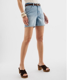 GEMO Short en jean large taille haute avec ceinture femme Bleu