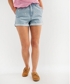 GEMO Short en jean taille haute avec motifs soleils brodés et revers cousus femme Bleu