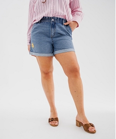 GEMO Short en jean brodé à taille paper bag femme grande taille Bleu
