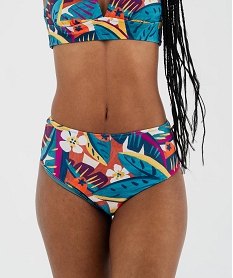 GEMO Bas de maillot de bain culotte taille haute fleurie femme Bleu