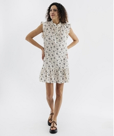 GEMO Robe courte sans manches en voile de coton fleuri femme Beige