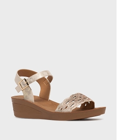 GEMO Sandales à talon compensée et bride ajourée à strass femme Blanc