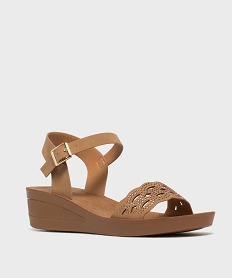 GEMO Sandales à talon compensée et bride ajourée à strass femme Brun