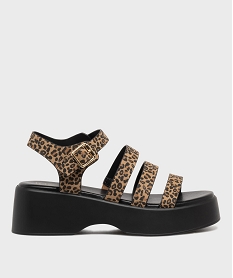 GEMO Sandales multibrides à semelle plateforme imprimé léopard femme Brun
