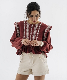 GEMO Blouse à manches longues avec volants fantaisie femme Rouge