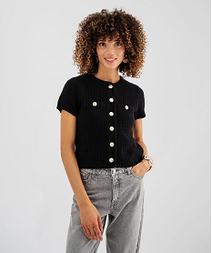 GEMO Pull manches courtes en maille fantaisie à boutons femme noir standard