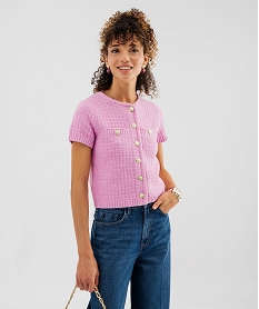 GEMO Pull manches courtes en maille fantaisie à boutons femme Rose