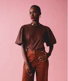GEMO Tee-shirt à manches bouffantes femme marron fonce