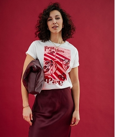 GEMO Tee-shirt manches courtes avec motifs cerises et paillettes femme blanc standard