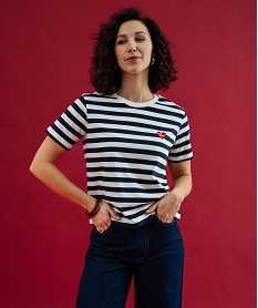 GEMO Tee-shirt manches courtes à rayures avec coeur brodé femme Bleu