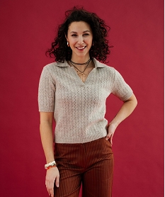 GEMO Pull à manches courtes en maille fantaisie femme Beige