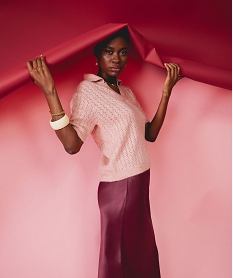 GEMO Pull à manches courtes en maille fantaisie femme rose standard