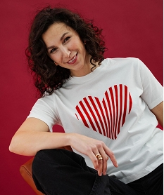 GEMO Tee-shirt manches courtes avec motif coeur velours femme blanc standard