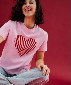 GEMO Tee-shirt manches courtes à rayures avec coeur brodé femme Rose
