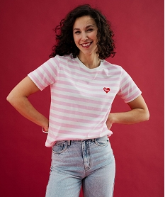 GEMO Tee-shirt manches courtes avec motif coeur velours femme Rose