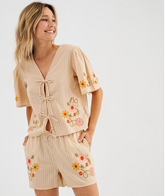 GEMO Haut de pyjama en coton avec motifs brodés femme beige standard