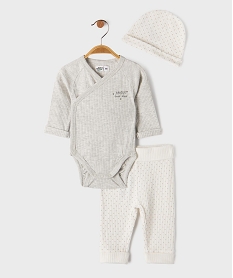 GEMO Ensemble naissance évolutif 3 pièces bébé : body pantalon bonnet blanc chine