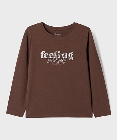 GEMO Tee-shirt manches longues avec inscription fantaisie fille marron fonce