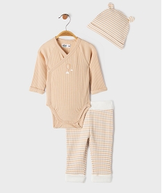 GEMO Ensemble naissance évolutif 3 pièces bébé : body pantalon bonnet beige standard