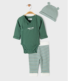 GEMO Ensemble naissance évolutif 3 pièces bébé : body pantalon bonnet Vert