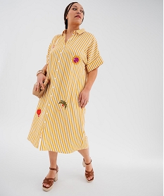 GEMO Robe chemise longue et fluide à rayures et motif femme grande taille Jaune