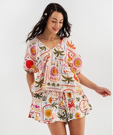 GEMO Blouse en gaze de coton à motifs exotiques femme Beige