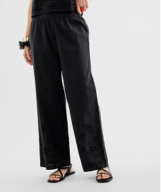 GEMO Pantalon large en coton avec bas de jambe brodés et ajourés femme noir standard