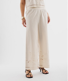 GEMO Pantalon large en coton avec bas de jambe brodés et ajourés femme Beige