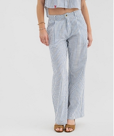 GEMO Pantalon large en coton rayé et texturé femme Bleu
