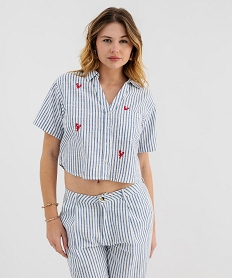 GEMO Chemise manches courtes coupe boxy rayée et brodée femme Bleu