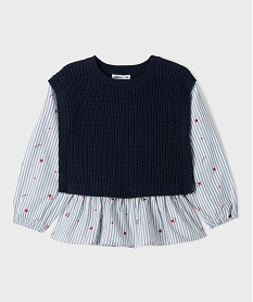 GEMO Pull avec manches et volants en coton effet 2 en 1 fille Bleu