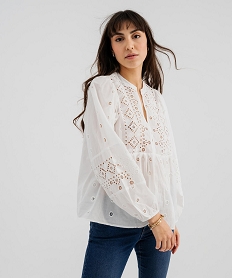 GEMO Blouse brodée à manches longues femme blanc standard