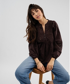 GEMO Blouse brodée à manches longues femme marron fonce