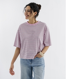 GEMO Tee-shirt manches courtes coupe large en jersey de coton rayé femme rose vif