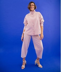 GEMO Surchemise en jean rayé à col victorien femme Rose