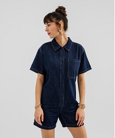 GEMO Combishort en jean manches courtes coupe loose femme Bleu