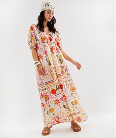 GEMO Robe longue en gaze de coton à motifs exotiques femme Beige