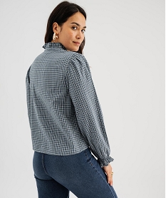 GEMO Chemise col V volanté et manches blousantes à carreaux femme Bleu