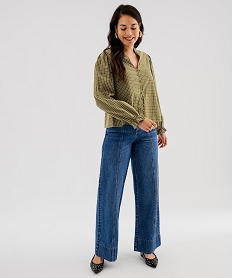 GEMO Chemise col V volanté et manches blousantes à carreaux femme Vert