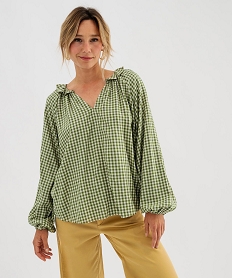 GEMO Blouse manches longues ample et fluide à carreaux vichy femme Vert