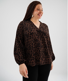 GEMO Tee-shirt imprimé à manches longues à col V femme grande taille Brun