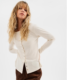 GEMO Tee-shirt manches longues en maille ajourée et boutonnière nacrée femme Beige